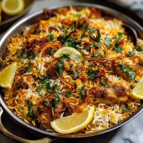 Schichtige würzige Hähnchen-Biryani
