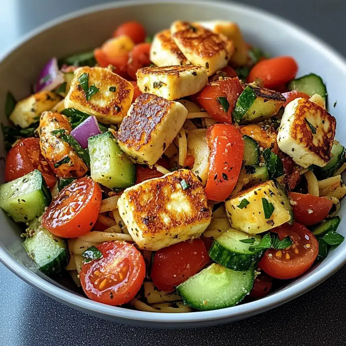 Kritharaki-Salat mit Halloumi-Croutons
