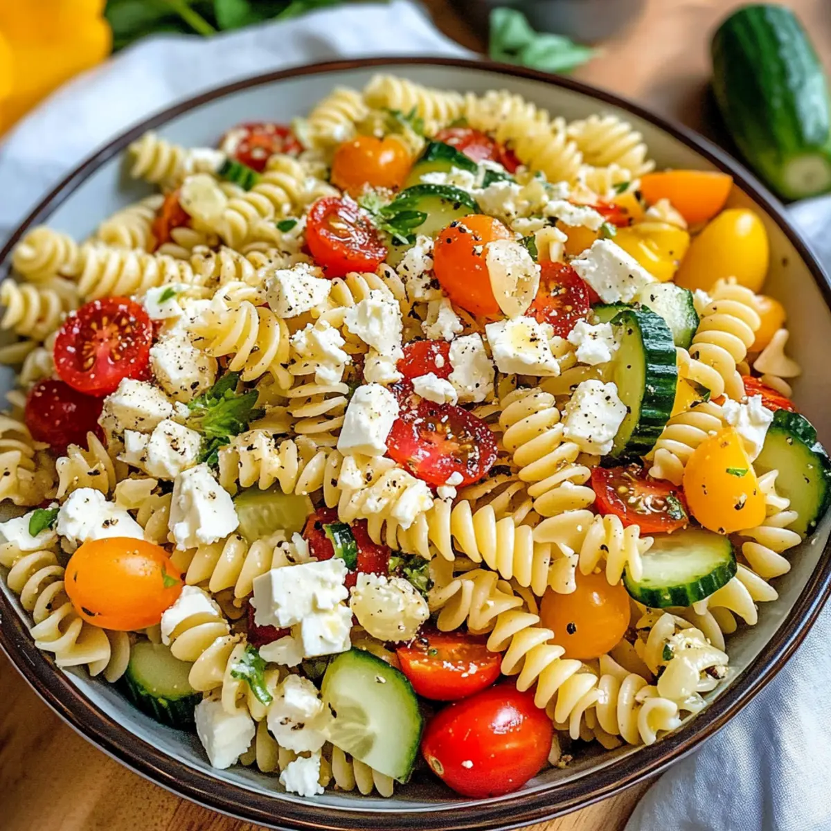 Nudelsalat Rezept Zutaten: - 250g Pasta - 100g Kirschtomaten - 1 Gurke - 100g schwarze Oliven - 100g Feta-Käse - 2 Esslöffel Olivenöl - 1 Esslöffel Balsamico-Essig - Salz - Pfeffer - Frische Kräuter (Basilikum oder Petersilie) Anleitung: 1. Pasta nach Packungsanweisung kochen und abkühlen lassen. 2. Kirschtomaten halbieren, Gurke würfeln und Oliven entsteinen. 3. Feta-Käse zerbröckeln. 4. In einer großen Schüssel die abgekühlte Pasta, Kirschtomaten, Gurke, Oliven und Feta-Käse vermengen. 5. Olivenöl und Balsamico-Essig hinzufügen. 6. Mit Salz, Pfeffer und frischen Kräutern abschmecken. 7. Gut umrühren und servieren.