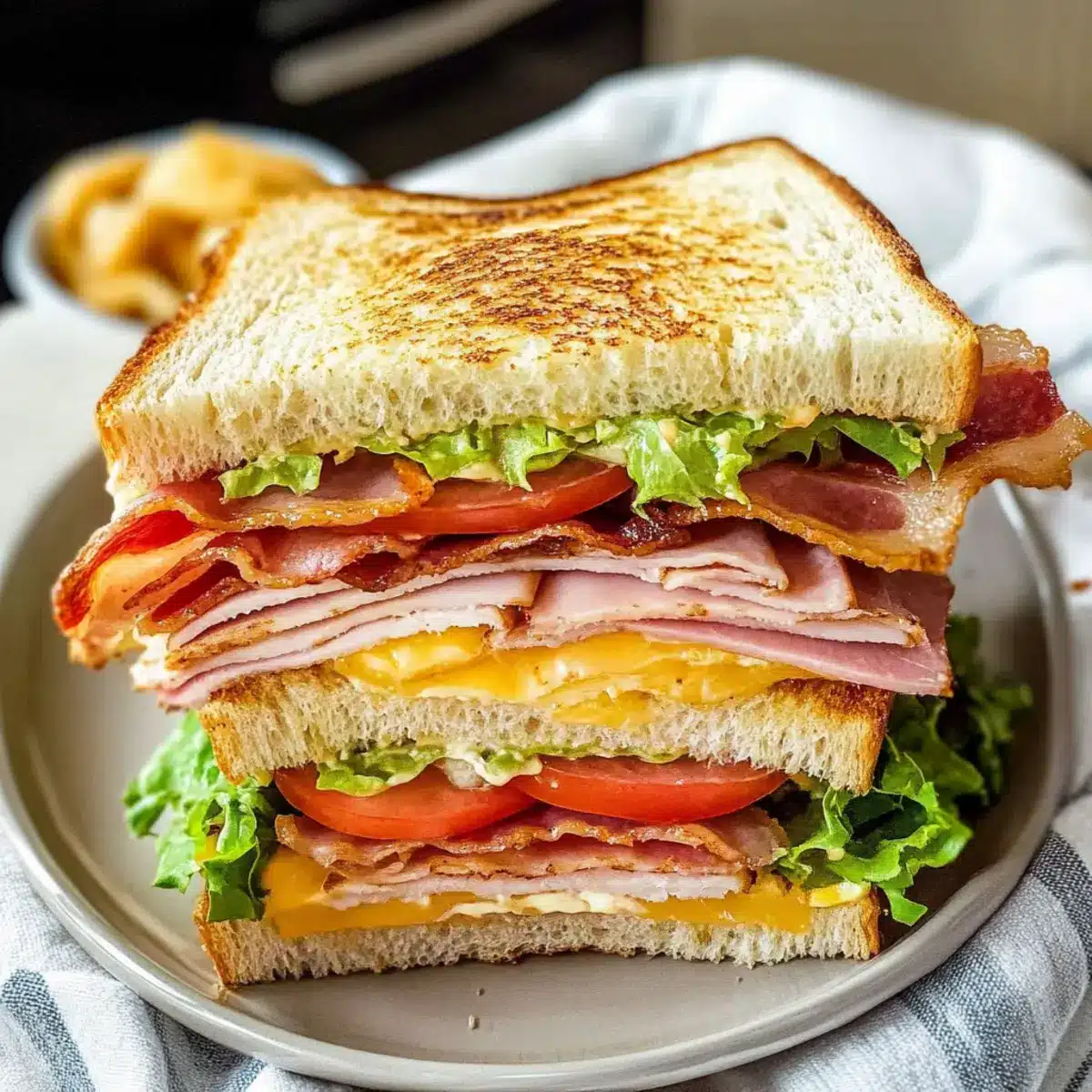 Club Sandwich Rezept Zutaten: - Toastbrot - Hähnchenbrust - Speck - Salat - Tomaten - Mayonnaise Anleitung: 1. Röstbrot toasten. 2. Hähnchenbrust kochen und in Scheiben schneiden. 3. Speck braten. 4. Brotscheiben mit Mayonnaise bestreichen. 5. Eine Scheibe Brot mit Hähnchen, Speck, Salat und Tomaten belegen. 6. Eine zweite Scheibe Brot hinzufügen und die Schichten wiederholen. 7. Sandwich diagonale halbieren und servieren.