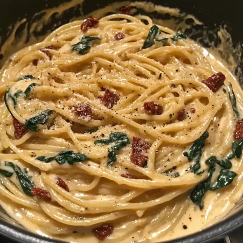 Spaghetti und Spinat mit getrockneter Tomaten-Cremesauce