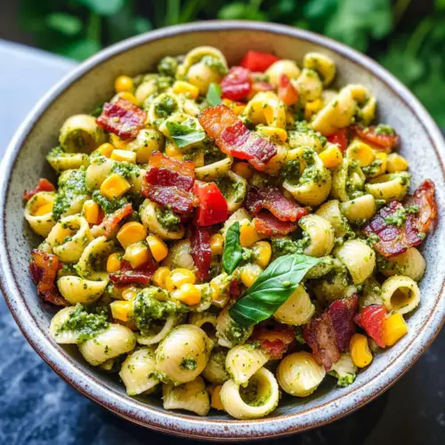 Mais-Pasta-Salat mit Speck und cremigem Pesto-Dressing