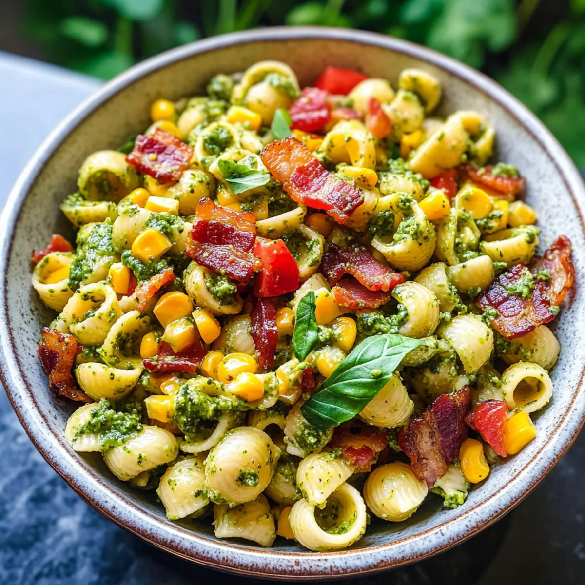 Mais-Pasta-Salat mit Speck und cremigem Pesto-Dressing