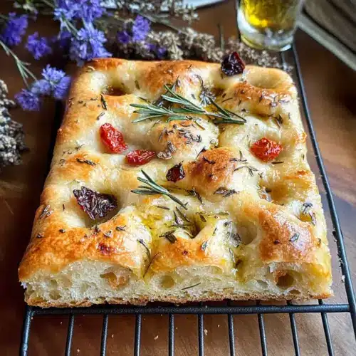 Einfache Sauerteig-Focaccia-Brot-Rezept Zutaten: - 500 g Brotmehl - 350 ml Wasser - 100 g Sauerteigstarter - 10 g Salz - 50 ml Olivenöl - Grobes Salz zum Bestreuen - Frische Kräuter (z. B. Rosmarin oder Thymian) Anleitung: 1. Mische das Mehl und das Salz in einer großen Schüssel. 2. Füge das Wasser und den Sauerteigstarter hinzu und rühre gut um, bis ein klebriger Teig entsteht. 3. Decke die Schüssel ab und lasse den Teig 8-12 Stunden bei Raumtemperatur ruhen. 4. Nach der Ruhezeit den Teig auf ein mit Olivenöl gefettetes Backblech geben und sanft auseinanderziehen. 5. Decke den Teig wieder ab und lasse ihn weitere 1-2 Stunden gehen. 6. Heize den Ofen auf 220 Grad Celsius vor. 7. Drehe deinen Finger in den Teig, um kleine Dellen zu erzeugen, und träufle Olivenöl darüber. 8. Bestreue den Teig mit grobem Salz und frischen Kräutern. 9. Backe die Focaccia 20-25 Minuten, bis sie goldbraun ist. 10. Lass sie abkühlen, bevor du sie in Stücke schneidest und servierst.
